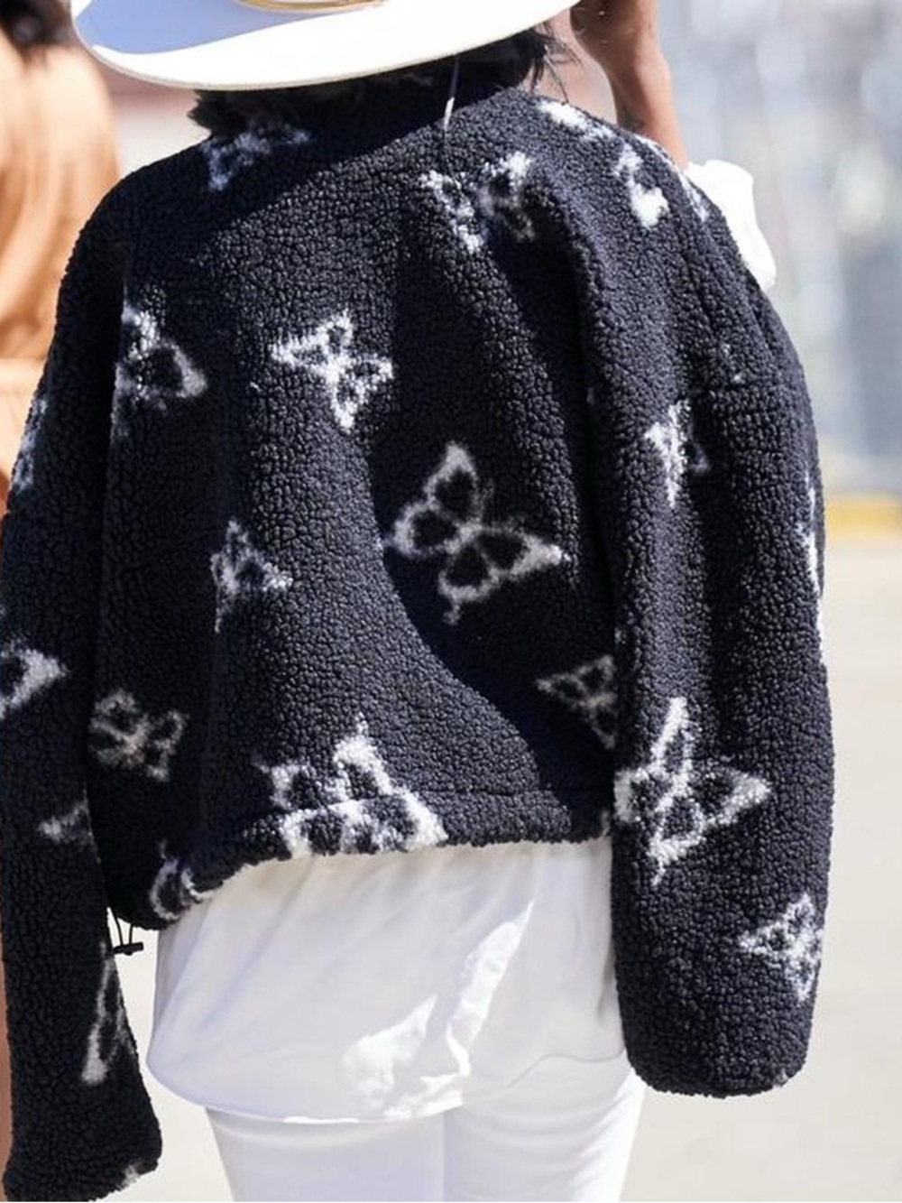 Black and White Sherpa Jacket With Butterfly Pattern